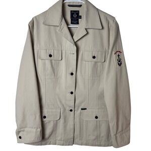 Faconnable Safari Jacket Womens M‎ Tan Nautical Anchor Patch Cotton Utility